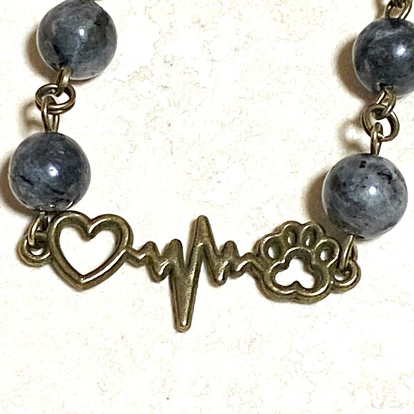 Natural Dark Larvikite Necklace, Bronze Paw Print Heart Beat + Genuine Gemstone - Picture 6 of 14